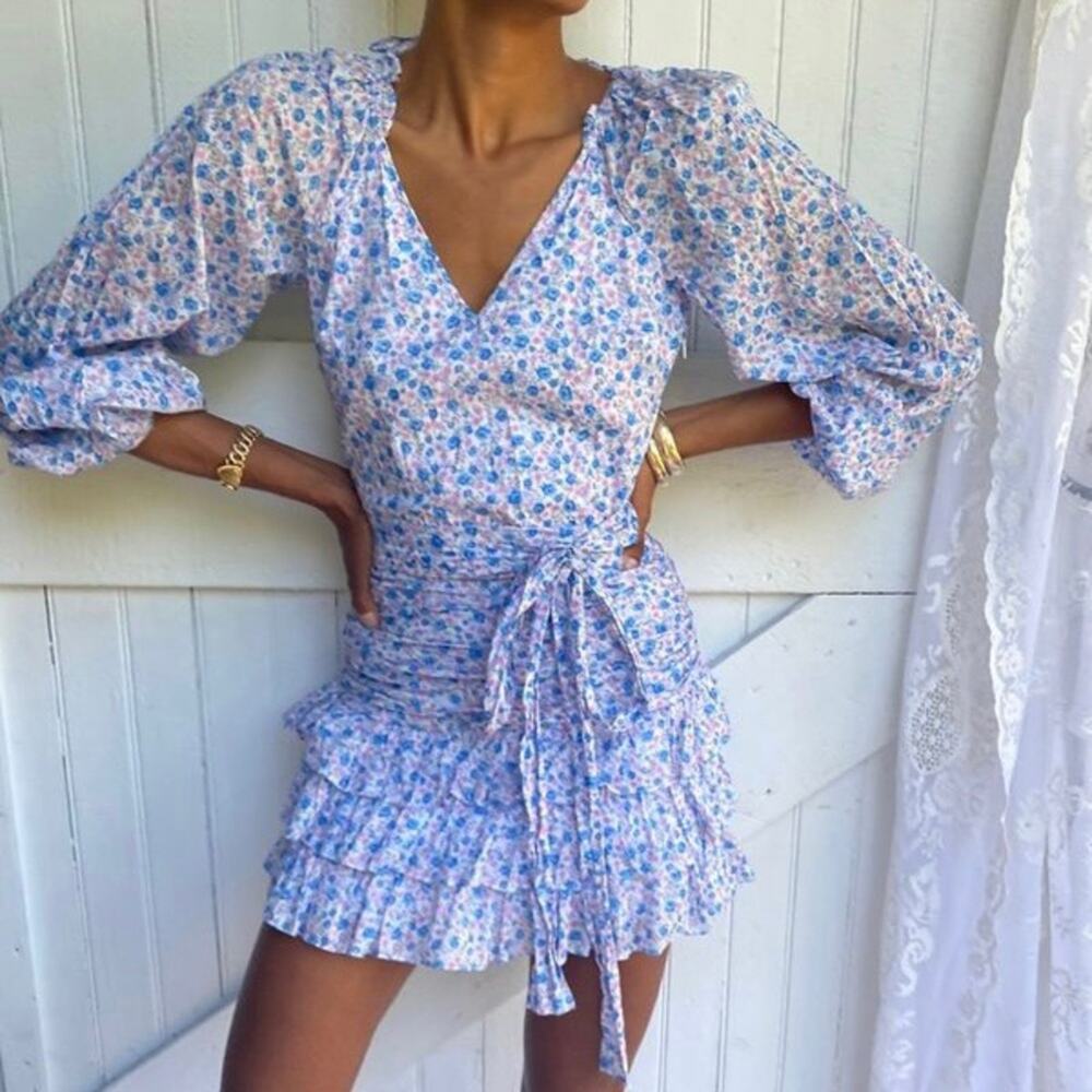 LoveShackFancy Blue and Pink Floral Wrap Mini Dress